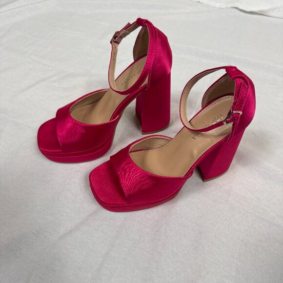 Top Moda Hot Pink Satin Platform Heels | Block Ankle Strap Sandals | Size 7 - Picture 3 of 5